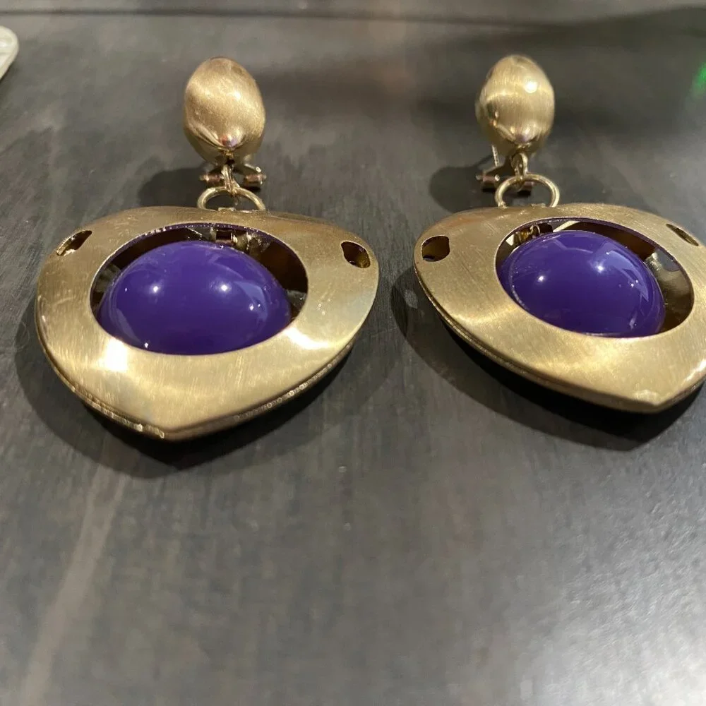 Gold Brush Metal Purple Stone Industrial Modernist Artsy Steampunk Earrings 2,5